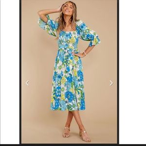 Aura+ Red Dress Boutique+ Inspiring Joy Blue Multi Floral Print Midi Dress+ Sz M